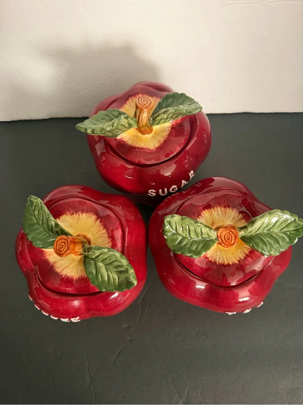 Red Apple Ceramic Tea Coffee Sugar Canister Set - Home Kitchen